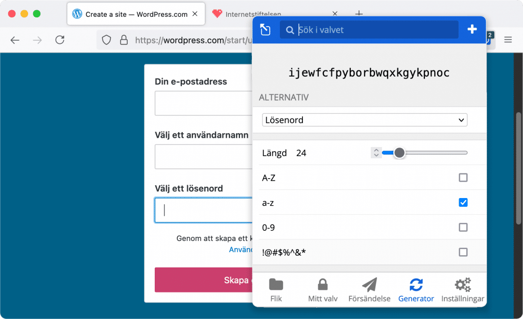 En skärmdump som visar hur lösenordstjänsten Bitward funkar i Firefox