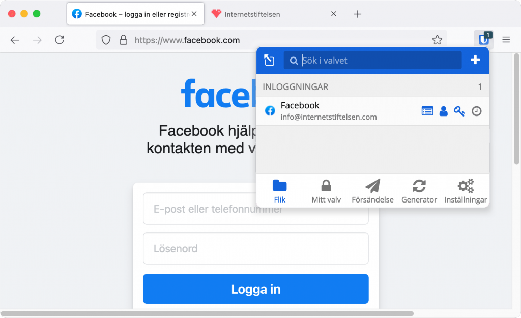 En skärmdump som visar hur man loggar in på facebook med lösenordstjänsten Bitward