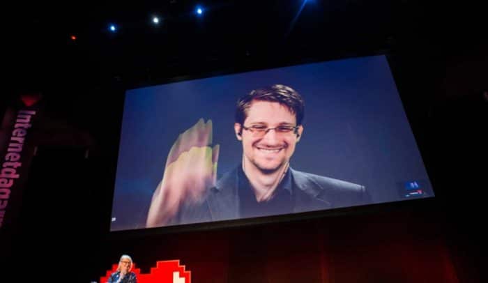 Edward Snowden på storskärm under Internetdagarna 2017.